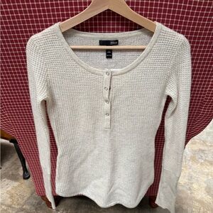 Aqua Off-White Waffle Knit Cashmere Long Sleeve Henley